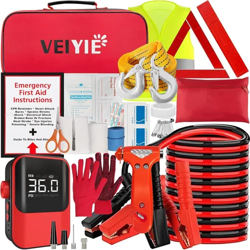Kit de emergencia en carretera para vehículos, kit de primeros auxilios de emergencia con compresor de aire portátil, cables de puente resistentes,