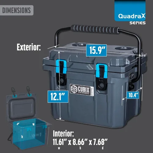 Miniatura 9 de Cubix Outdoors, Enfriador personal rotomoldeado QuadraX 10QT, hielera dura aislante portátil, retención de frío de 3 días, portaviandas Gris granito