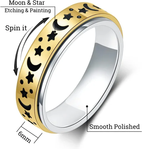 Miniatura 2 de OreilleStar Anillo de Ansiedad para Mujeres Anillo Fidget Acero Inoxidable Juguetes Fidget Adultos Anillo Giratorio Plateado Luna Estrella Anillo