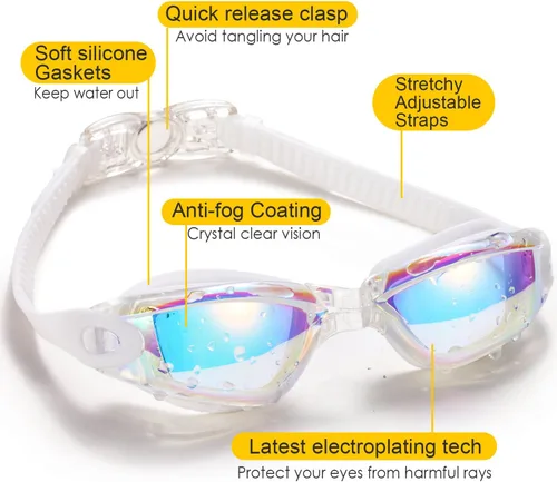 Miniatura 2 de Gafas de natación, paquete de 2 gafas de natación para adultos, hombres, mujeres, jóvenes, niños Blanco/Rosa (espejo).