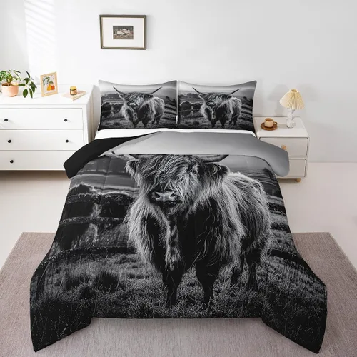 Miniatura 20 de Erosebridal - Juego de funda de edredón con flores de vaca de las Highlands, tamaño Queen, diseño de toro, juego de ropa de cama de ganado vacuno