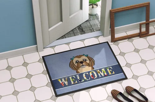 Miniatura 4 de Caroline's Treasures BB1435JMAT - Tapete de bienvenida Shih Tzu color marrón chocolate, 24 x 36 pulgadas, tapete azul para puerta delantera