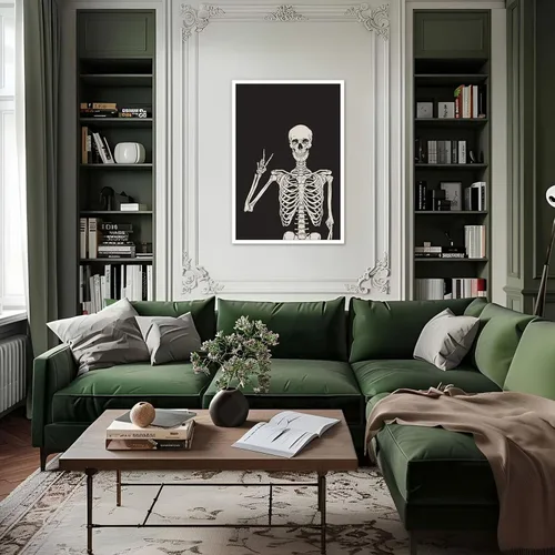 Miniatura 2 de Divertido lienzo de esqueleto negro para pared, decoración espeluznante, póster de Halloween, impresión de señal de paz con la mano alta, huesos