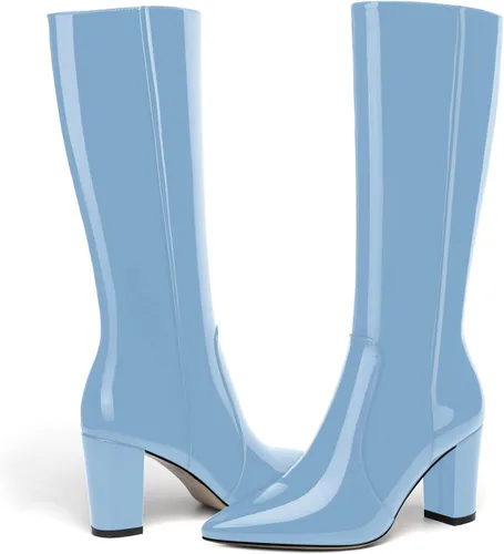 Miniatura 97 de AMBELIGHT Botas altas hasta la rodilla con cremallera y puntera puntiaguda para mujer, de patente sólida, tacón alto, 3.3 pulgadas