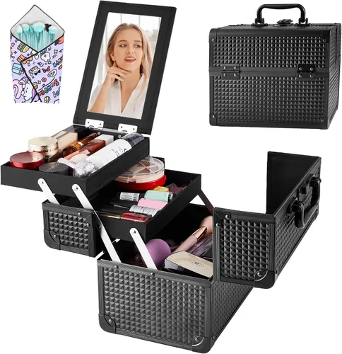 Miniatura 7 de Neceser de Tren de Maquillaje, Estuche de Maquillaje Portátil con Espejo, Organizador de Cosméticos de 2 Bandejas, Organizador de Esmalte de Uñas