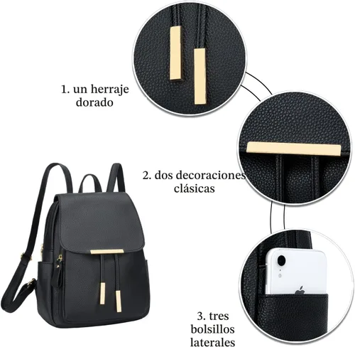 Miniatura 4 de KKXIU - Mochila de cuero de moda para mujeres y damas, bolsa de viaje y para el día, con correa para los hombros, A-Negro, Mediana, Mochila