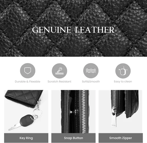 Miniatura 5 de befen Cartera delgada de cuero auténtico con RFID, billetera de dos pliegues para mujer con bolsillo con cremallera y llavero, Negro, Talla única