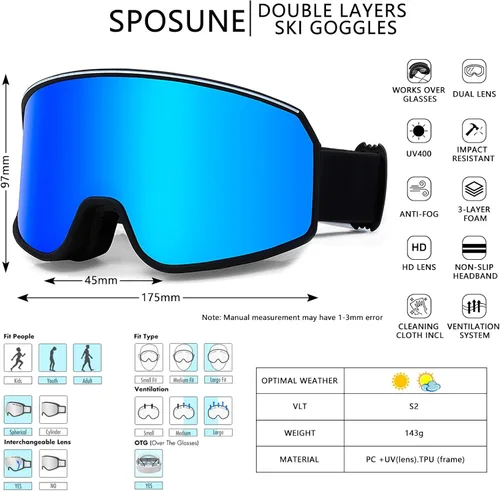 Miniatura 3 de SPOSUNE Gafas de esquí sobre gafas con doble lente Gafas de nieve antivaho anti-UV para hombres, mujeres, jóvenes, esquí, motos de nieve negro