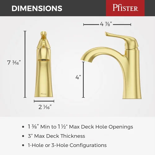 Miniatura 3 de Pfister Willa LF042MALBG - Grifo para lavabo de baño, control único, 1 mango, orificio único, certificado NSF, acabado dorado cepillado, LF042MALBG