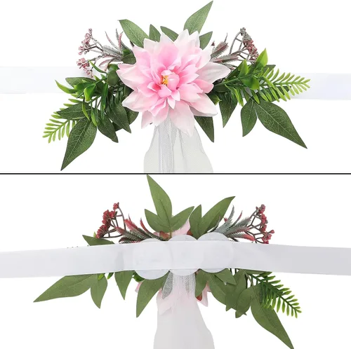 Miniatura 6 de Juego de 6 decoraciones para sillas de pasillo de boda, flores artificiales con cintas, sillas, respaldo de banco, arreglo floral para decoración