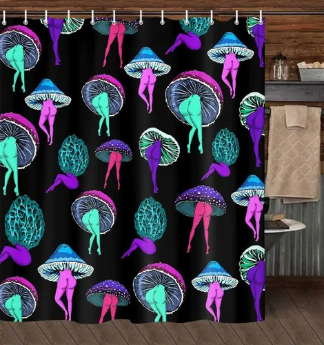 Miniatura 3 de Divertida cortina de ducha de hongos psicodélicos hippie, decoración de baño, lindo tatuaje de trasero, vegetariano, botánico, vegano, hongo
