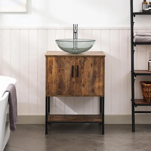 Miniatura 4 de UEV Juego de tocador de baño antiguo de 24 pulgadas, color marrón oscuro con lavabo, armario de baño de madera de hierro con grifo de temperatura
