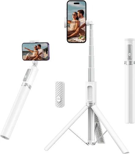 ATUMTEK Trípode selfie stick de 55 pulgadas, trípode extensible todo en uno para teléfono con control remoto Bluetooth recargable para iPhone, Blanco