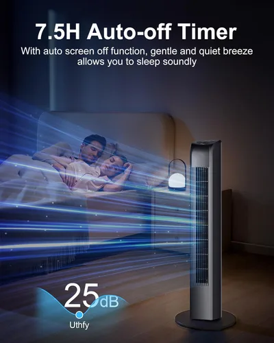 Miniatura 7 de Uthfy Ventilador de torre oscilante para dormitorio, ventilador de pie portátil con control remoto, 3 modos, 3 velocidades, temporizador de 7.5