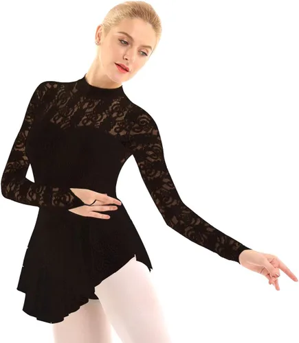 Miniatura 3 de JEATHA Leotardo de ballet de encaje floral para mujer, mangas para dedos, vestido de patinaje sobre hielo