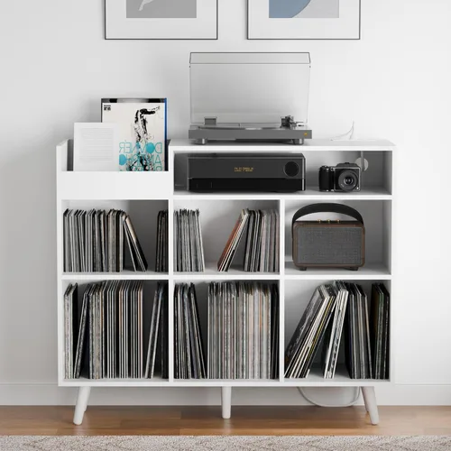Miniatura 8 de Cozy Castle Soporte grande para tocadiscos con armario de almacenamiento de vinilo, mesa giratoria de madera, soporte abierto para hasta 500 Negro