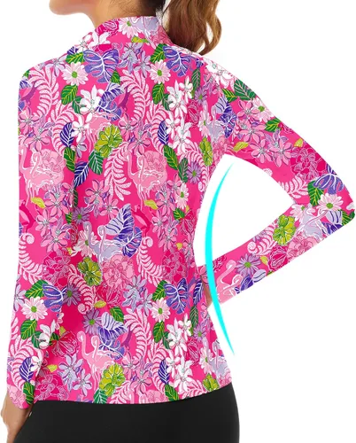 Miniatura 46 de WOWENY Camiseta deportiva de manga larga para mujer, con cremallera de un cuarto, cuello para entrenamiento, camiseta de tenis con estampado