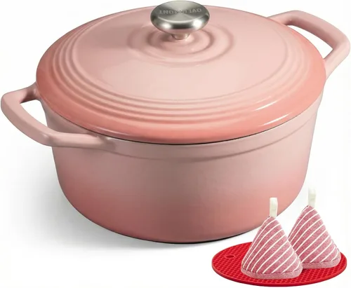 Overmont Horno holandés de hierro fundido esmaltado, olla de 5.5 cuartos de galón con tapa de asas anchas, libro de cocina y agarraderas de algodón,