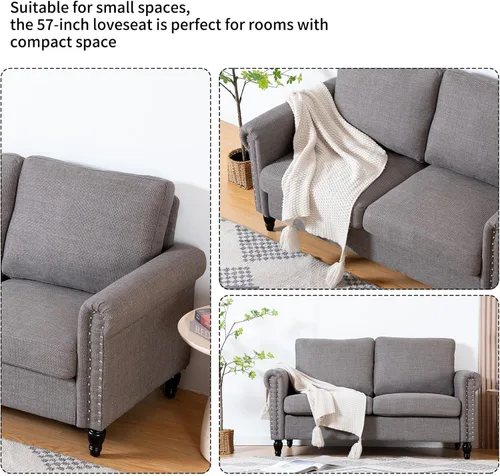 Miniatura 9 de J.C.UP Sofá biplaza de 57 pulgadas, sofás pequeños para sala de estar con tela de lino, cómodo sofá tapizado para dormitorio con patas de madera Gris
