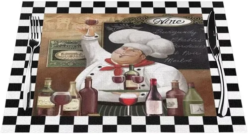 Miniatura 26 de Juego de 4 manteles individuales con estampado de cocina de chef, restaurante, cocina, acuarela, manteles individuales de tela lavable para mesa
