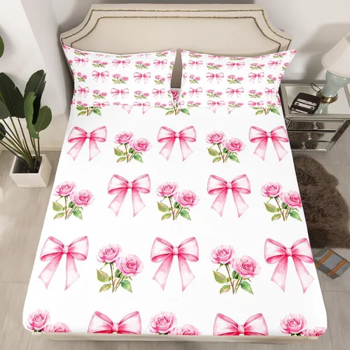 Miniatura 8 de Sábana bajera con lazo azul tamaño individual, juego de ropa de cama de princesa con cerezas, estrellas y flores margaritas de dibujos animados