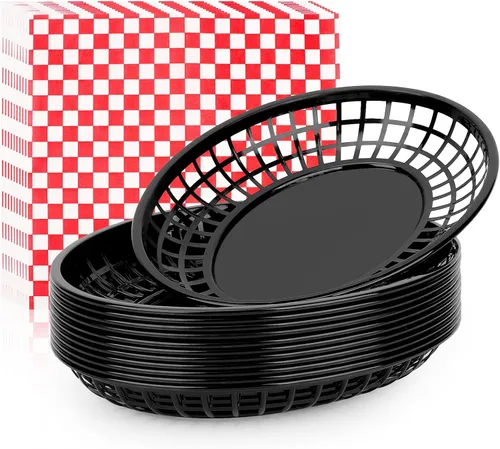 Miniatura 9 de EUSOAR Cestas de hamburguesa y forros de papel, 12 cestas reutilizables de plástico negro de 9.4 x 5.9 pulgadas para servir alimentos y 10 x 11