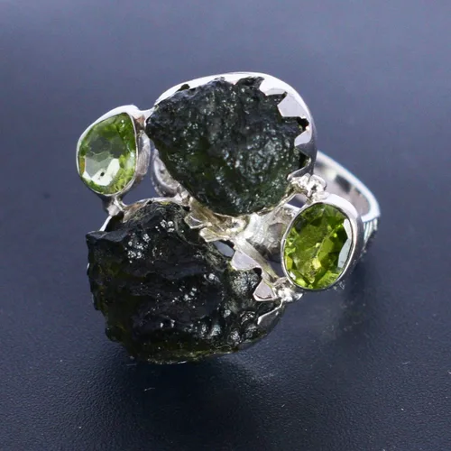 Miniatura 4 de Anillo de plata de ley 925 con piedras preciosas de moldavita y peridoto