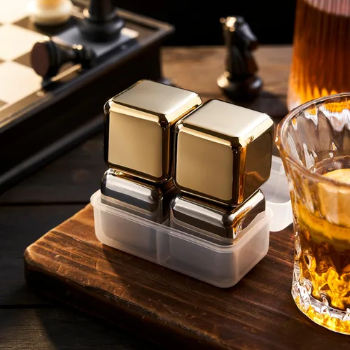 Miniatura 6 de 4 piedras grandes para whisky de 64 cm³ (4 pulg³) - Juego para regalo de hombre - Cubos esféricos de hielo de acero inoxidable reutilizables para 4