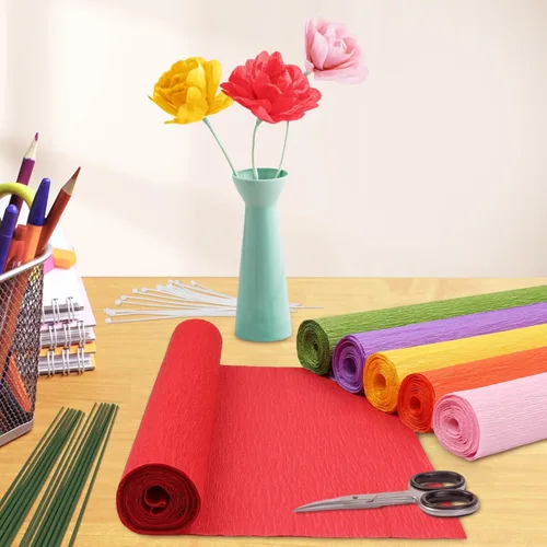 Miniatura 6 de MicButty - Juego de 42 flores de papel crepé, rollo de papel crepé con cinta floral, flores de alambre de hierro floral para manualidades, boda