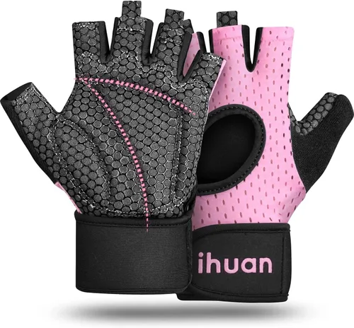 Miniatura 14 de ihuan Guantes transpirables para levantamiento de pesas: soporte de muñeca para ejercicio sin dedos Mejora la protección de la palma Agarre Verde