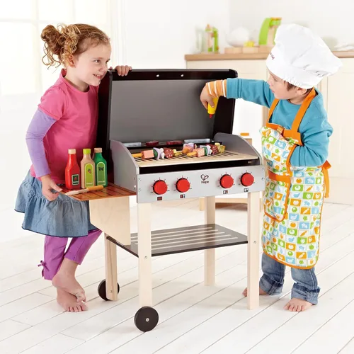 Miniatura 5 de Hape, Parrilla para barbacoa de juguete con set de comida de juguete para cocinar brochetas de madera con accesorios