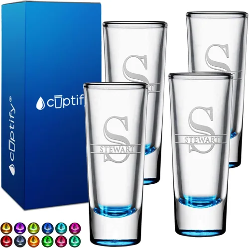 Miniatura 8 de Vaso de chupito personalizado con fondo verde azulado personalizado de 2 oz, vasos de chupito cordial con inicial en script dividido y nombre