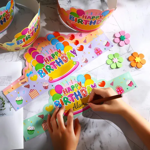 Miniatura 4 de Yunsailing 36 piezas de coronas de feliz cumpleaños para niños, coronas de papel para fiesta de cumpleaños para regalos de aula, coronas para fiesta