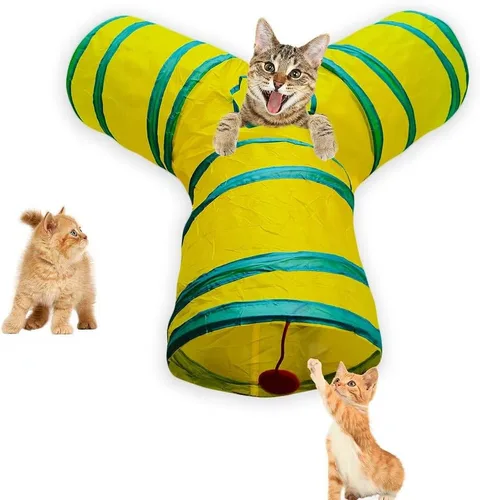 Miniatura 7 de Túnel para gatos, tubos de juguete, túneles para gatos de interior, juguete interactivo plegable de 3 vías en azul con bolas para conejos, gatitos