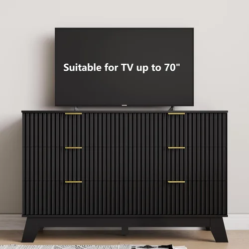 Miniatura 6 de HUANLEGO Cómoda de 6 cajones para dormitorio, cómodas estilizadas negras con cajones y tirador dorado, cómodas de madera modernas de mediados