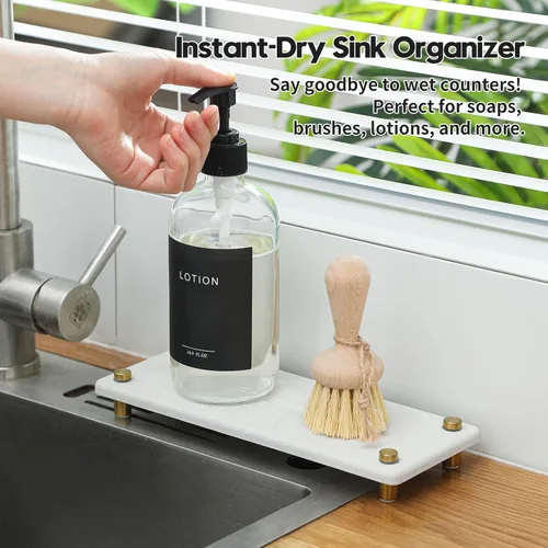 Miniatura 2 de Bandeja de secado de piedra, organizador de fregadero dorado, tapete de grifo absorbente de agua, organizador de fregadero de cocina, posavasos