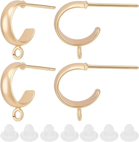 Beebeecraft - 1 caja de 20 piezas de hallazgos de aretes pequeños de medio aro, chapados en oro de 18 quilates, aretes Huggie colgantes de latón con