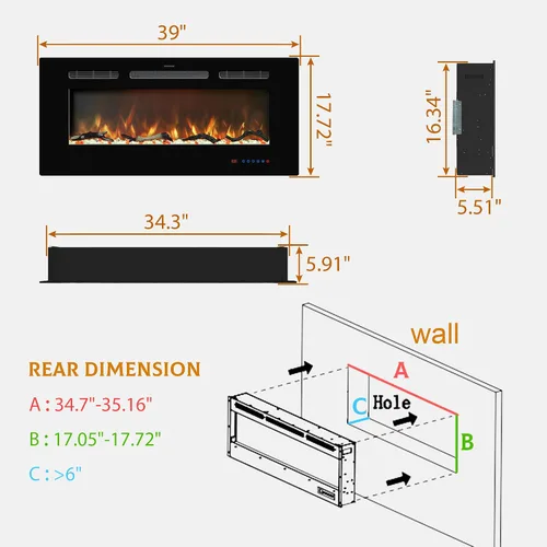 Miniatura 6 de Insertos de chimenea eléctrica de 39 pulgadas, calentador de chimenea empotrado y montado en la pared, chimenea lineal con termostato, control Negro