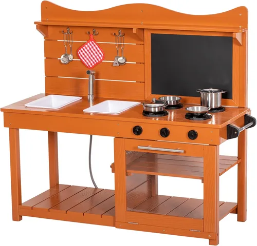 BRINJOY Juego de cocina para niños, juego de cocina de barro de madera al aire libre con 2 fregaderos extraíbles y tubo rociador, cocina de juego de