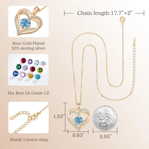 Miniatura 58 de LOUISA SECRET Love Heart Birthstone Necklaces for Women, Birthday Gift for Women, Anniversary Jewelry for Wife Her, 925 Sterling Silver Pendant
