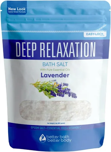 Sal de baño de relajación profunda, 32 onzas, sal de Epsom con aceite esencial de lavanda natural más vitamina C en bolsa sin BPA con sello fácil de