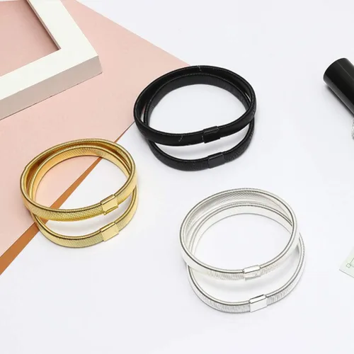 Miniatura 8 de Holibanna 5 brazaletes de metal elásticos antideslizantes para camisa, ligas para mujeres y hombres, negro, dorado, plata, oro rosa, bronce, Madera