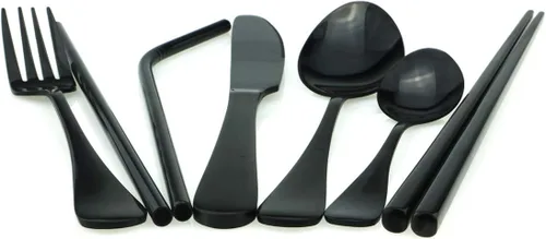 Miniatura 7 de Utensilios negros reutilizables con estuche, saludables y ecológicos, juego de vajilla portátil de acero inoxidable de 8 piezas, juego de vajilla