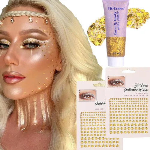 Gel dorado con purpurina corporal y 2 hojas de diamantes de imitación para la cara, maquillaje con purpurina facial y joyas para el cabello, gemas
