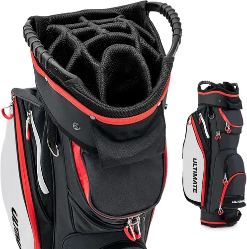GYMAX Bolsa de golf, bolsa de carrito de golf con divisor de 14 vías con capucha de lluvia y bolsa enfriadora, bolsa de golf impermeable para Negro