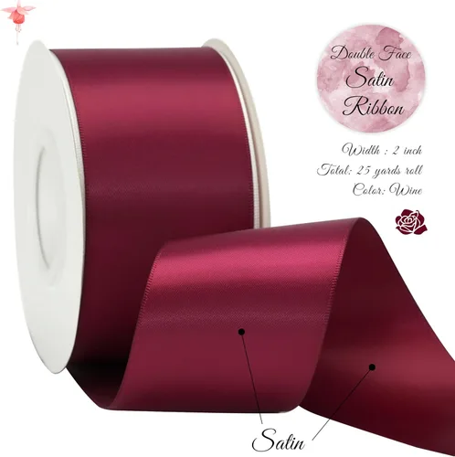 Miniatura 2 de Cinta de Satén Rojo Vino de 2 Pulgadas Cinta Gruesa de Doble Cara para Envolver Regalos Decoración de Bodas Ramo de Novia Baby Shower Decoraciones