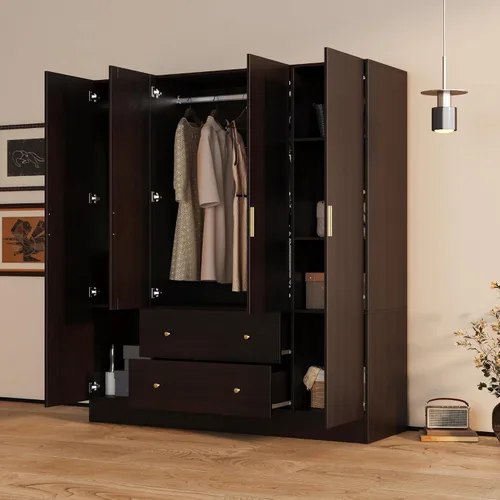 Miniatura 4 de AGOTENI Armario grande para dormitorio con 1 espejo y 2 cajones, armario de 70.9 pulgadas de alto con puertas y estantes, barra para colgar