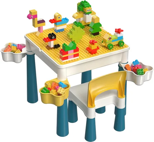 Juego de mesa y silla 5 en 1 para niños pequeños con 128 bloques de construcción, mesa de actividades para niños para arte, juegos de arena y agua,
