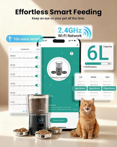 Miniatura 5 de Alimentador Automático para Gatos para 3 Gatos, Dispensador de Comida para Gatos de 6L/25 Tazas con Fuerte Sistema Anti-Atasco, Desecante de Doble