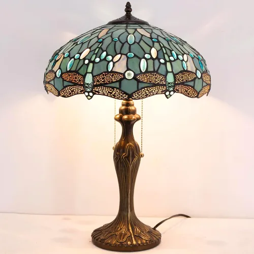 Miniatura 6 de WERFACTORY Tiffany Lámpara de mesa de noche de cristal azul mar, lámpara de mesa estilo libélula luz de lectura de escritorio, base de metal, 16 x